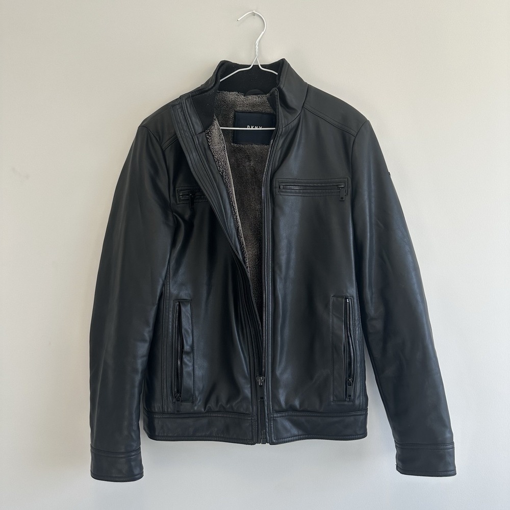 DKNY Leather Jacket Men's XS Extra Small‎ Black Full Zip Grey Lined Coat